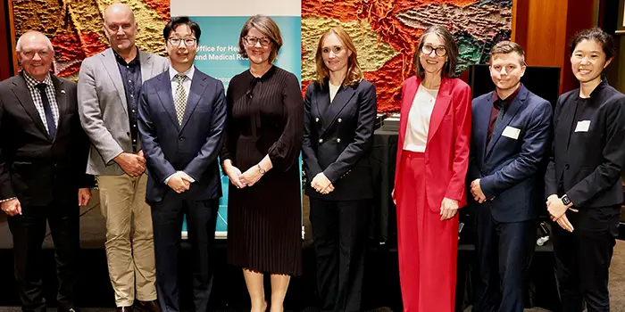 Recipients of the 2026 NSW Medical Devices Fund round photographed at NSW Parliament, including John Shanks of Kraken Coding