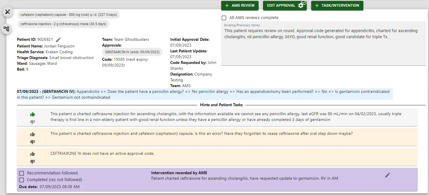 Hints and patient tasks for a patient, each with a useful or not useful verdict, and an intervention recorded