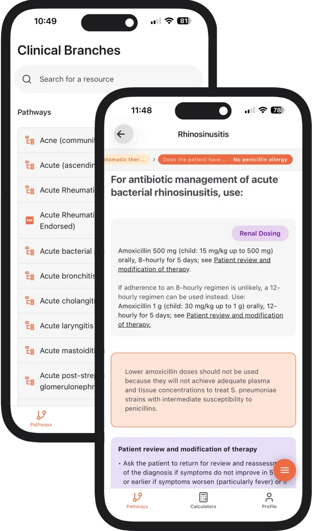 Clinical Branches app showing the pathway list and an open pathway with its breadcrumb and recommendation