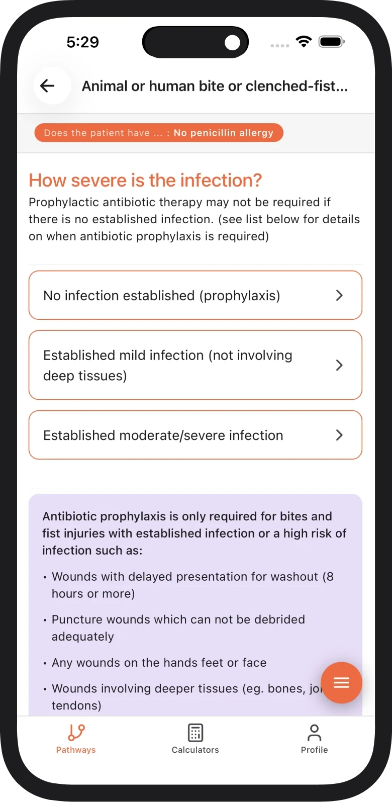 Clinical Branches app working through a bite infection pathway after recording no penicillin allergy