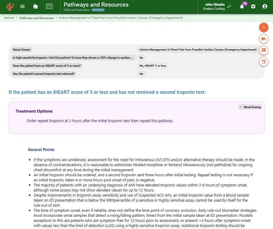Emergency department pathway with the answers recorded in the breadcrumb above the recommendation