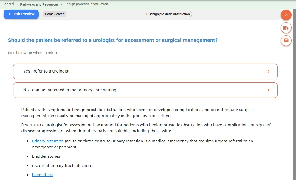 Pathway question asking whether the patient should be referred to a urologist, with guidance below