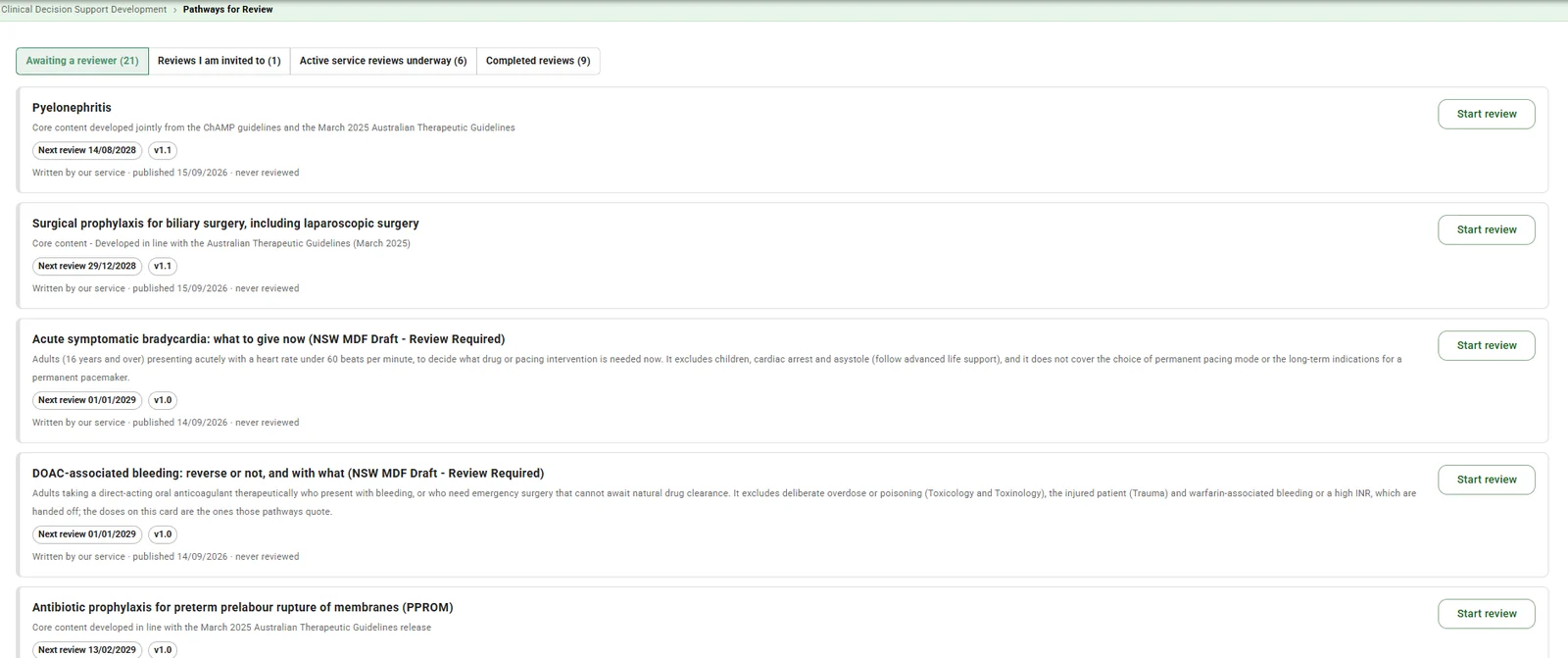 Pathways awaiting a reviewer, reviews invited, reviews underway and completed reviews